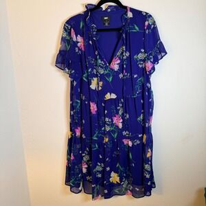 DKNY Womens 14 Blue Babydoll Floral Mini Dress V-Neck Ruffle Boho Cottagecore